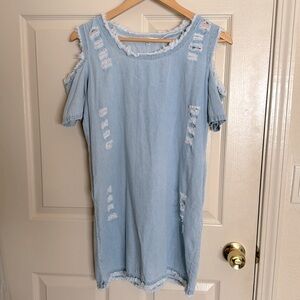 Blue distressed off shoulder denim dress
